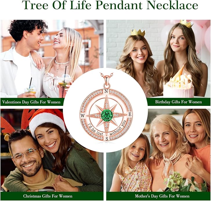 S925 Necklace Birthstone Compass Gift for Women Jewelry Sterling Silver Necklace for Wife Wedding Anniversary Girlfriend Birthday Gifts for Her Valentines Day Mom Mothers Day