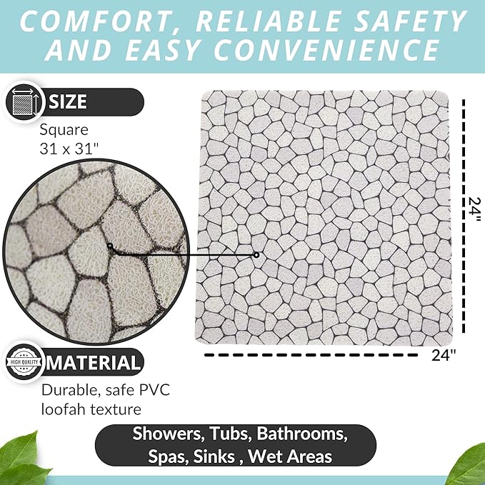 Enkosi Loofah Shower Mat Non-Slip - Anti-Slip Bath Mat for Inside Showers, Tub, Bathtub, Bathroom - Quick Dry PVC with Drain Holes - Cushioned Safety Grip - Secure for Kids and Elderly (Pebble 24x24)