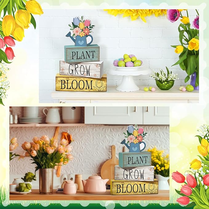 4 Pcs Spring Table Decorations Flower Wooden Signs Spring Tiered Tray Decor Wooden Flower Kettle Block Signs Pastel Table Centerpieces Decor for Home Kitchen Shelf