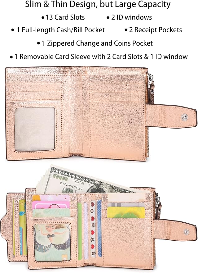 AINIMOER Women's RFID Blocking Leather Small Compact Bi-fold Zipper Pocket Wallet Card Case Purse with id Window