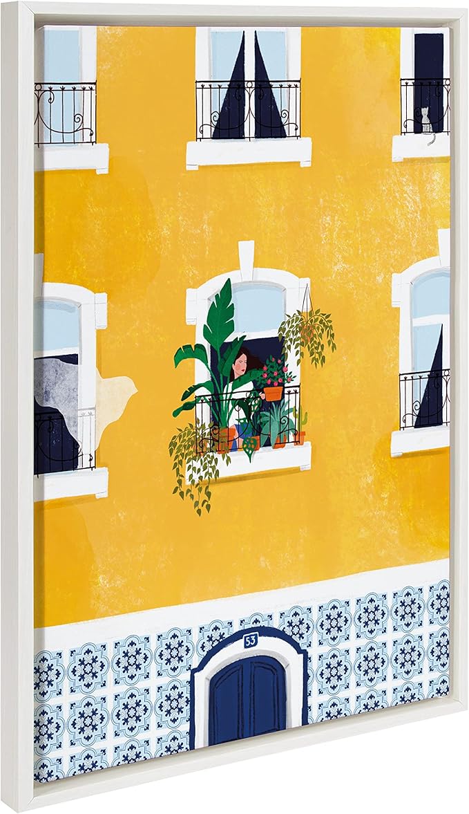 Kate and Laurel Sylvie Lisbon Framed Canvas Wall Art by Maja Tomljanovic; 23x33 White; Contemporary City Balcony Architecture Art for Wall