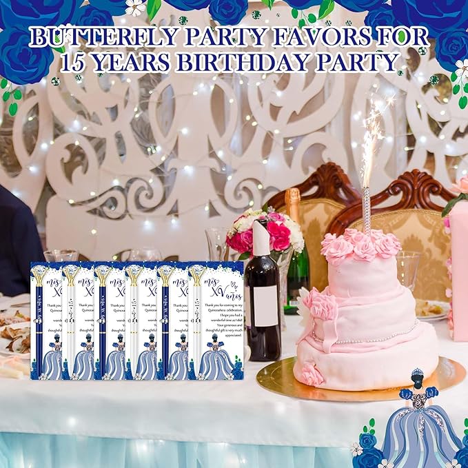50 Set Quinceanera Party Favors for Guest Sweet 15 Diamond Pens Bulk Mis XV Años Fancy Ballpoint Pen with Thank You Cards and Ties 15th Birthday Thank You Gifts(White, Royal Blue)