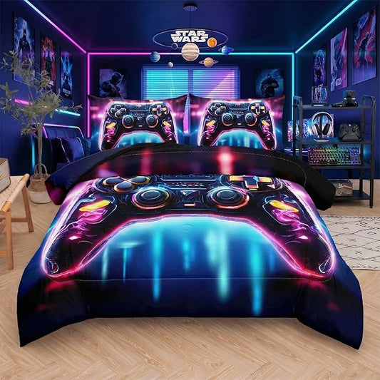 Gaming Comforter Set - Full 5PCS Bedding Set for Boys with Controller Design, Flat Sheet, Fitted Sheet, Pillowcase, Comforter