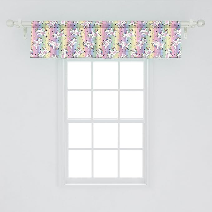 Ambesonne Rainbow Window Valance, Cartoon Drawing of Unicorn Ice Skating, Curtain Valance for Kitchen Bedroom Decor with Rod Pocket, 42" x 12", Pastel Purple