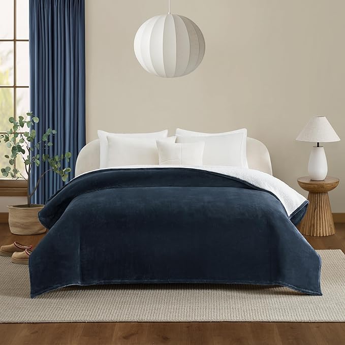 UGG Nita Full/Queen Blanket Fleece Fluffy Reversible Soft Fuzzy Bedding Cozy Plush Warm Oversized Blanket Machine Washable Bedroom Decor for Big Couch or Bed, 90-inch x 90-inch, Navy Blue