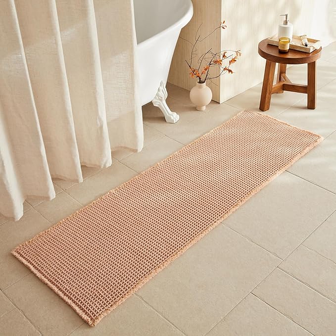 Waffle Runner Rug Bathroom, Long Boho Bathroom Rugs Non Slip Washable Super Absorbent Quick Dry Farmhouse Bath Decor, 72"x24" Light Peach