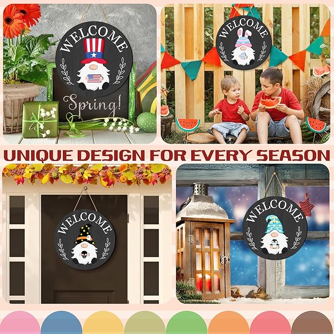Veluckin Seasonal Gnome Wall Decor Set, 11.8 inch Thanksgiving Wooden Round Sign with Interchangeable Holiday Hats, Autumn Welcome Door Hanging (Black grey-3)