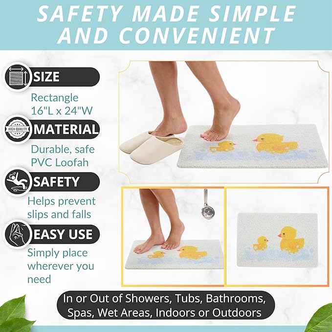 ENKOSI Loofah Non-Slip Shower and Bath Mat - Soft Cushioned Comfort - No Suction Cups for Smooth or Textured Tubs - Fast Draining - Safety for Bathroom, Family, Kids, and Elderly (24x16 Duck)