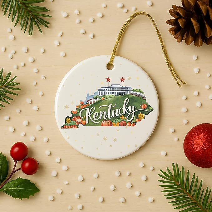 USA State Landmark Ceramic Ornament – Round Glossy Christmas Decoration Featuring U.S. State Art, Landmarks & Holiday Scenery – Collectible Travel Souvenir Ornament Series (Kentucky)