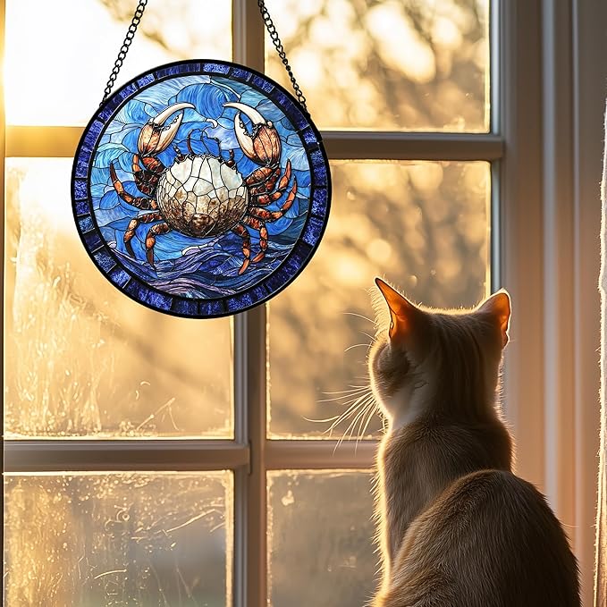 Stained Glass Window Hanging 4 Pcs Set Blue Ocean Waves Large 11.8" - Starfish Crab Seal Suncatcher Door Garden Sun Catcher Decor Birthday for Mom Woman Nana Men Friend