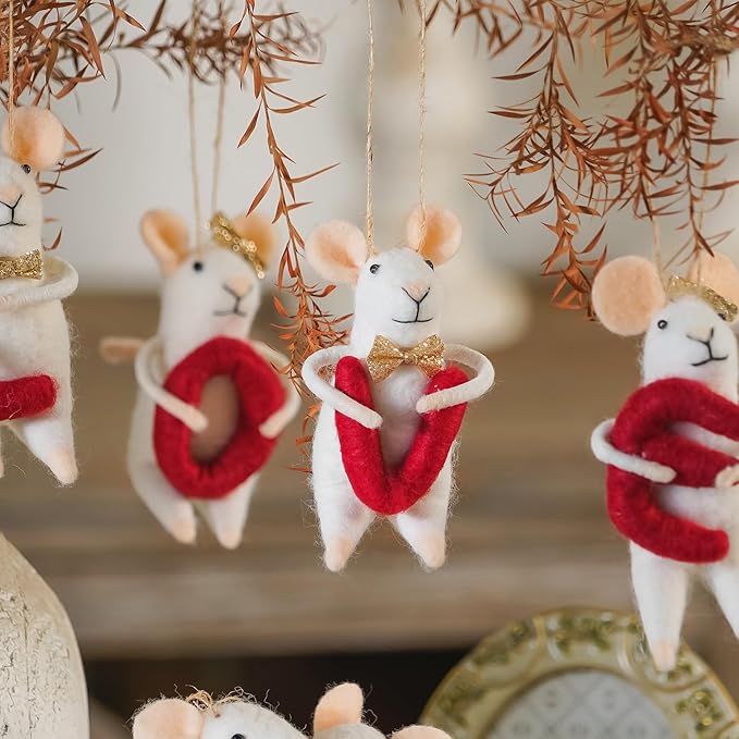 SOFFEE DESIGN Set of 5 Felt Mice Souvenirs Gifts for Wedding, Christmas Hanging Ornaments White Felt Mouse Animal Figurines Tabletop Decor for Anniversary Party Valentine's Day Gift for Women