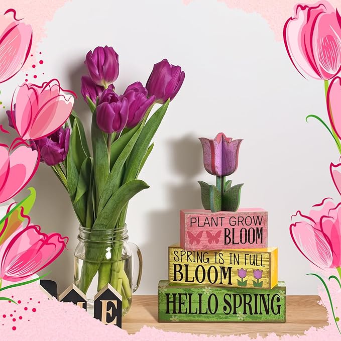 4 Pcs Spring Table Decorations Tulip Flower Wooden Signs Spring Tiered Tray Decor Wooden Tulip Block Signs Pastel Flower Table Centerpieces Decor for Home Kitchen Shelf Office