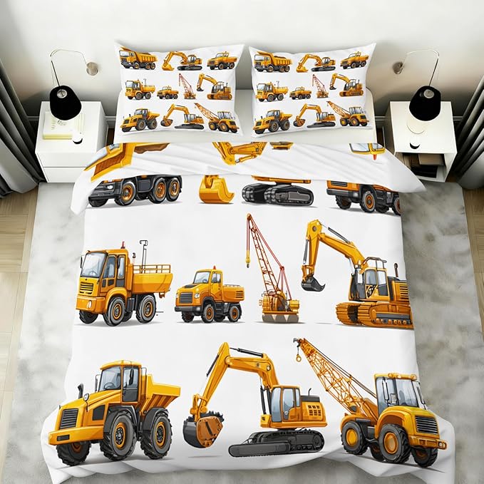 Construction Truck Bedding Set Full Size Construction Vehicles Duvet Cover Excavator Dump Truck Crane Comforter Cover Children Machinery Cars Bedding Set with Zipper Ties for Bedroom