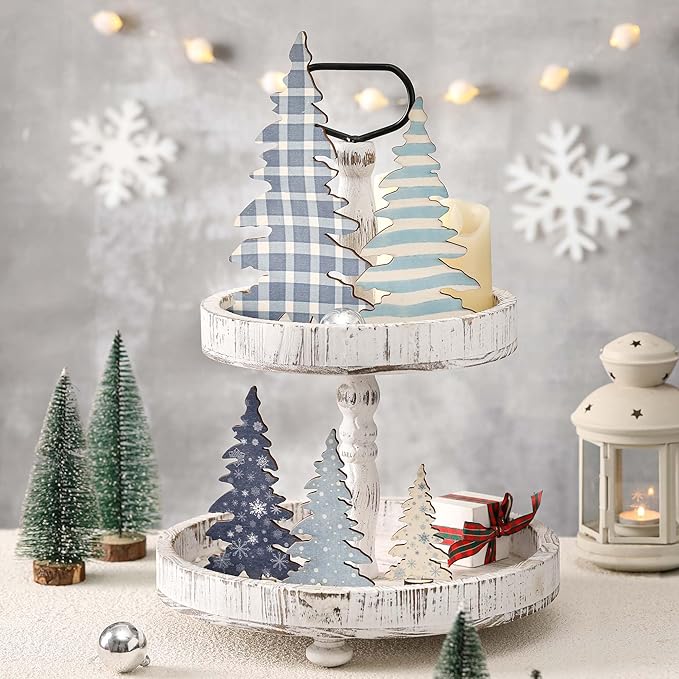 5 Pcs Wooden Christmas Tree Tabletop Decorations, Winter Tiered Tray Decor for Table Shelf Mantel Office, Small Christmas Tree for Farmhouse Table Decor