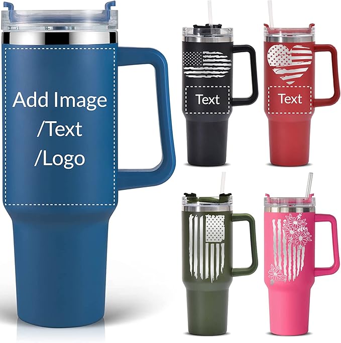 Personalized Tumbler With Handle-Custom 40oz Travel Cup With Lid And Straw-Laser Engraved With Name,Logo,Text,Image-Personalized Gifts For Mom,Dad,Birthday