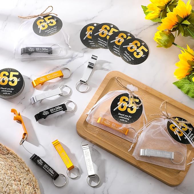 Dandat 54 Sets 65th Birthday Party Favors for Guests Birthday Beer Opener Keychain Cheers to 65 Bottle Opener Keychain with Thank You Cards and Gift Bags for Anniversary Wedding Party Favors