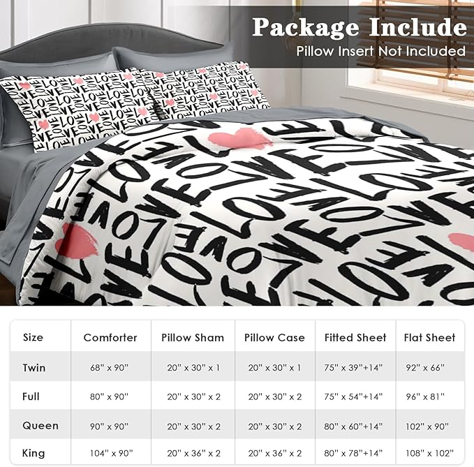 Comforter Set Twin Size, Love Heart 5 Pcs Bedding for Kids and Adults, Black and Pink Bedding Sets with Fitted Sheet Pillowcase & Sham for Bedroom Bed Decor