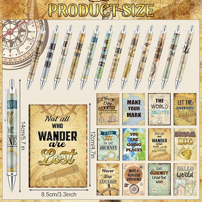 Eersida 48 Pcs Travel The Map Mini Notepad and Pen Set Travel Motivational Notepads with Quote Ballpoint Pens, 12 Styles