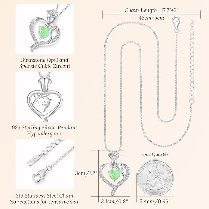 LOUISA SECRET Rose Flower Heart Birthstone Necklaces for Women, 925 Sterling Silver Fine Jewelry, Pendant Heart Necklaces Birthday Anniversary Christmas Gift for Women Wife Mom Girlfriend Lady