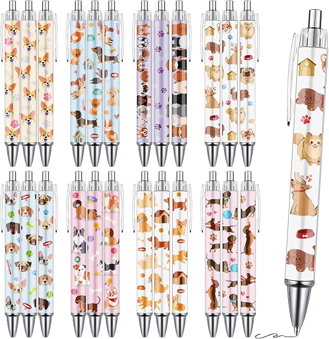 Dog Ballpoint Pens Gifts - 24 Pcs Cartoon Dog Pen Set for Dogs Lovers Puppy Paw Print Animal Retractable Smooth Writing Ballpoint Pen Gifts for Women Men Students Office School Supplies