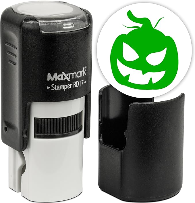 MaxMark Round Self Inking Halloween Stamp - Pumpkin - Green Ink