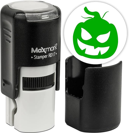 MaxMark Round Self Inking Halloween Stamp - Pumpkin - Green Ink