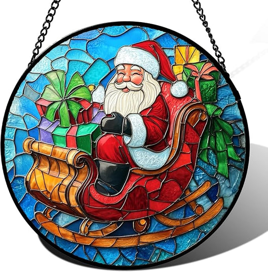 Stained Glass Window Hanging - Red Santa Claus Gift Box Suncatcher for Doors Home Christmas Decoration Winter Sun Catcher Thanksgiving New Year Birthday Gift for Women Men Mom Nana 9.8 in