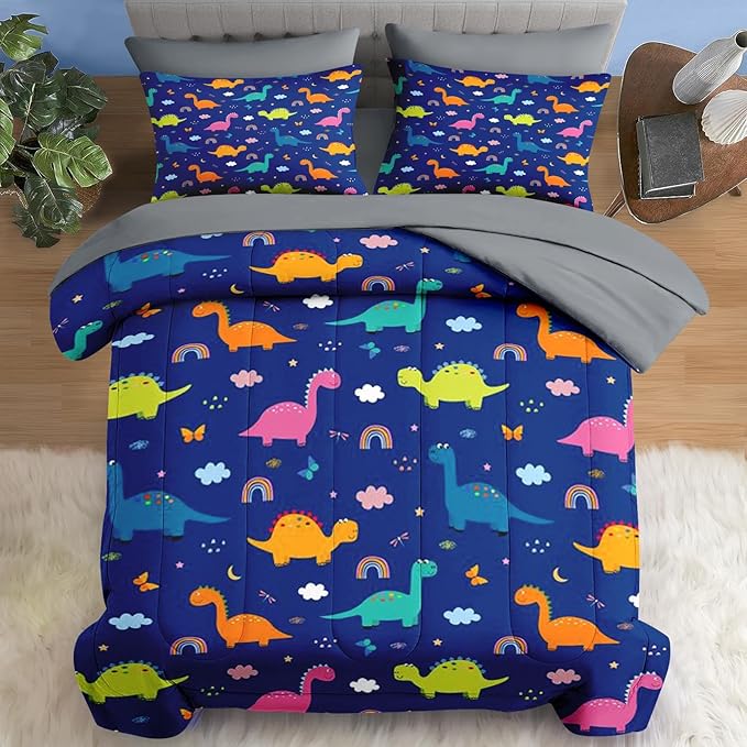 Comforter Set Full Size, Cute Dragon Grey 7 Pcs Bedding for Kids and Adults, Colorful Wildlife Funny Bed Sheet Sets with Fitted Sheet 2 Pillowcase & 2 Sham for Bedroom Bed Decor