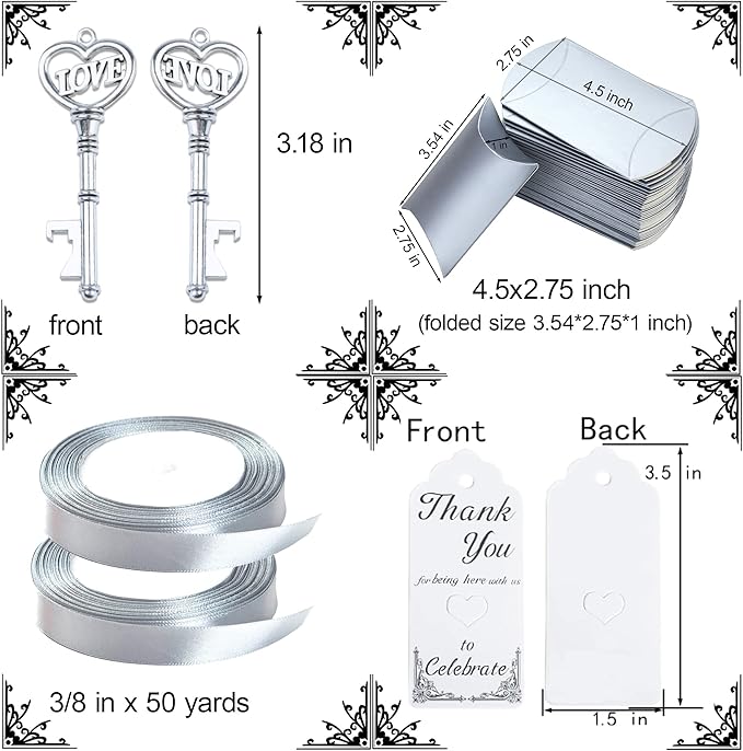 Aokbean 50pcs Skeleton LOVE Key Bottle Openers Pillow Candy Box Escort Thank You Tag Ribbon Wedding Favors Souvenir Gift for Guest Bulk (Antique Silver)
