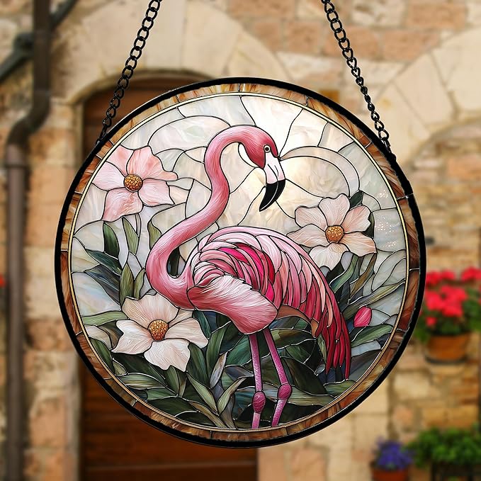 Stained Glass Window Hanging, Flamingo Flower Sun Catchers Diamond Glass Panel Hangings Pink Suncatcher Decor for Birthday for Women, Men, Wife, Aunt, and Mom 6.3 in