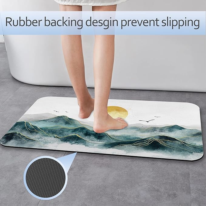 Mountain with Sun Fast Drying Absorbent Bathroom Mat, Non-Slip Rubber Backing Thin Low-Profile Bath Rug, Easy-Clean Bathroom Floor Mat for Shower, Bathtub, Kitchen, or Entryway