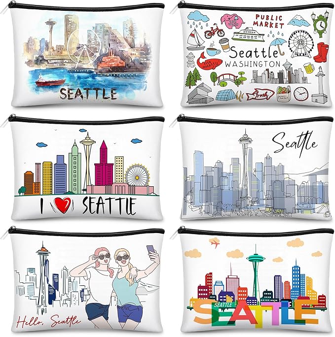 Reginary 6 Pcs City Cosmetic Bag Souvenir Gifts New York Zipper Pouch Chicago Souvenir Seattle Boston Nashville London Paris Italy Alaska Gifts Memento for Women Traveler(Seattle)