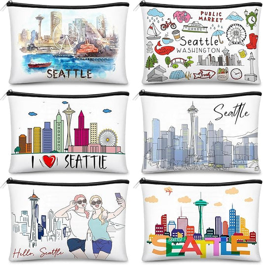 Reginary 6 Pcs City Cosmetic Bag Souvenir Gifts New York Zipper Pouch Chicago Souvenir Seattle Boston Nashville London Paris Italy Alaska Gifts Memento for Women Traveler(Seattle)