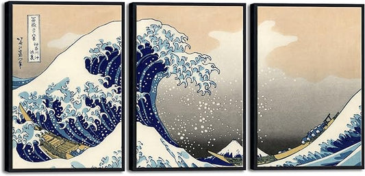Wieco Art Black Framed Great Wave of Kanagawa Katsushika Hokusai 3 Piece Modern Canvas Prints Artwork Abstract Pictures Paintings on Canvas Wall Art for Home Office Decorations Wall Decor