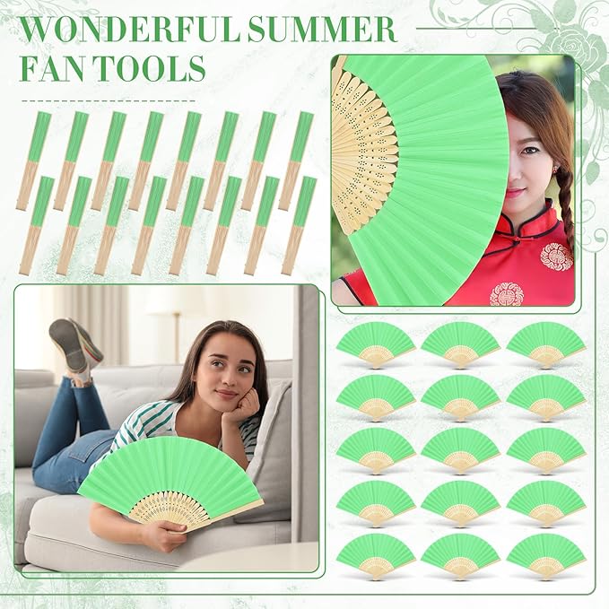 Yinkin 24 Pack Folding Fans Bamboo Handheld Folded Craft Hand Japanese Chinese Fans for Weddings Bridal Dancing Church DIY Decoration Women Gift Party Favors (Dark Green)