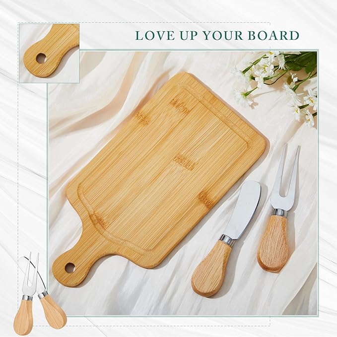 24 Set Bridal Baby Shower Cheese Prizes Wooden Square Board Gift Set Knives Forks Thank You Tags with Box for Guests for Valentines Bridal Baby Shower Housewarming Gifts (Bamboo Color)