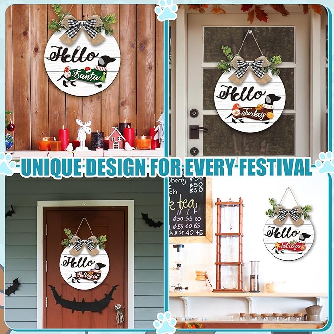 Glenmal 16 Pcs Seasonal Dachshund Door Decor for All Season and Holiday Hanging Cute Christmas Dachshund Welcome Sign Rustic Wooden Farmhouse Front Door Signs Outdoor(White)