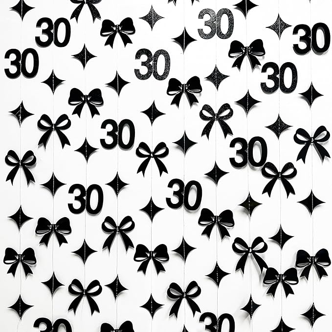 Black 30th Bow Birthday Decorations Glitter Conquette Bow Garland Streamer Banner for Womens Mens Happy 30th Birthday 30 and Fabulous Cheers to 30 Years Old Anniversary Vintage 1995 Party Supplies