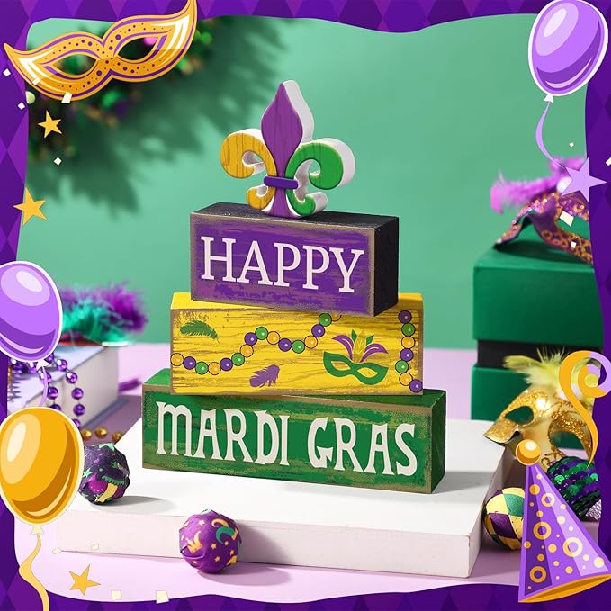 4 Pcs Mardi Gras Decorations Mardi Gras Wooden Sign Carnival Table Centerpiece Carnival Tiered Tray Decor Decorative Faux Book Stack Block for Masquerade Party Fireplace Mantel Shelf
