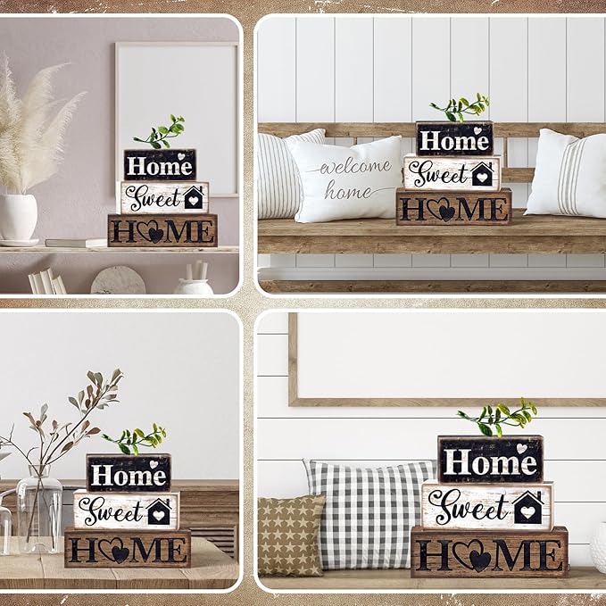 4 Pcs Farmhouse Wooden Tabletop Decor Farmhouse Tiered Tray Decor Rustic Eucalyptus Leaves Wood Block Sign Gift Sweet Home Centerpiece Home Table Decortion