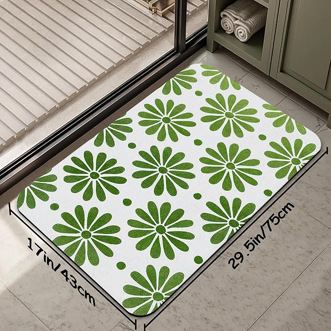 Bathroom Rug 29.5"x17",Green Flowers Bath Mat with Non-Slip Rubber Backing, Quick-Drying Absorbent Thin Floor Mat for Bathroom, Shower, Sink, or Kitchen