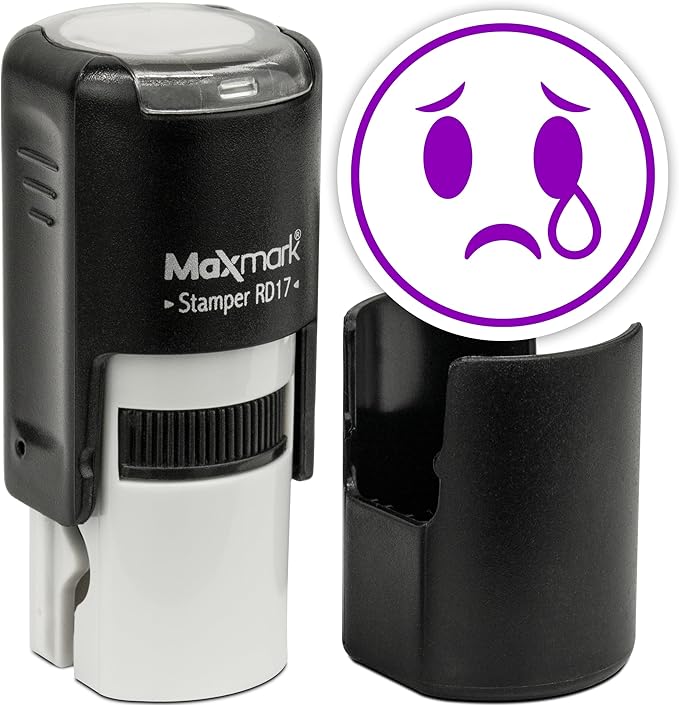 MaxMark Round Self Inking Emoji Stamp - Crying - Purple Ink