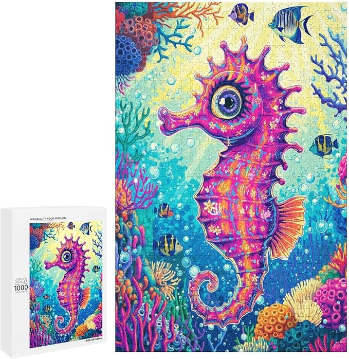 Colored Seahorse Wooden Puzzle 1000 Pieces Jigsaw Puzzles for Adults Puzzle Educational Toys Challenging Fun Games Gifts for Elders Kids Family and Friends