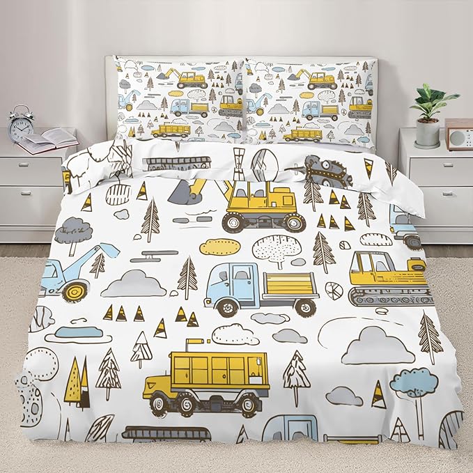 Cartoon Excavator Truck Duvet Cover California King Construction Vehicles Bedding Set Forest Road Construction Comforter Set Hand-Drawn Kids Engineering Vehicle Duvet Cover with Zipper Ties