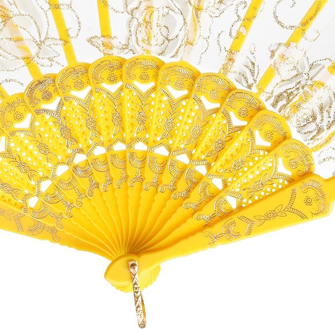 QIRMIZI 10 Pcs Rose Lace Folding Fans,Silk Folding Hand Fans, Perfect for Weddings, Parties, and Dancing,Yellow