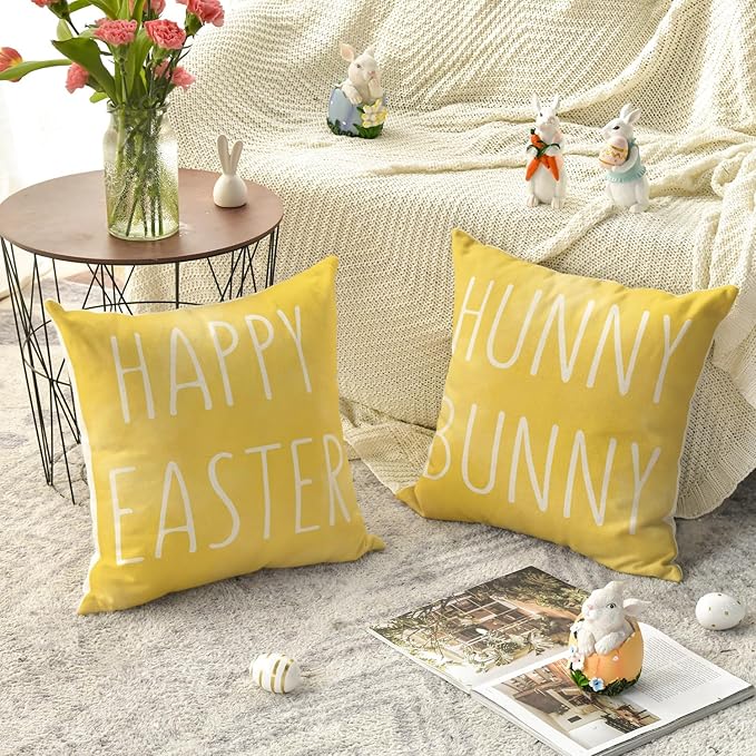 AVOIN colorlife Happy Easter Hunny Bunny Yellow Throw Pillow Covers, 18 x 18 Inch Easter Eggs Bunny Spring Cushion Case for Sofa Couch Set of 4