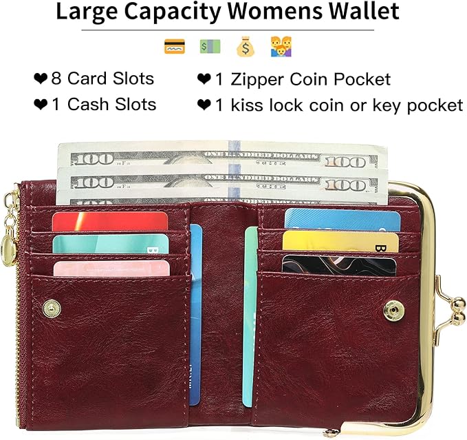 Wallet Women Small RFID Blocking Bifold Leather Wallets for Women Vintage Coin Purse With Zipper and Kiss Lock