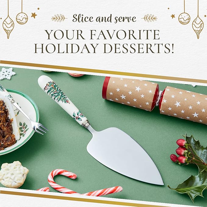 Spode Christmas Tree Cake Server, 10.5-Inch Stainless Steel Cake Knife with Fine Porcelain Handle, Holiday Dessert Flatware, Festive Christmas Utensil, Elegant Holiday Table Setting Addition