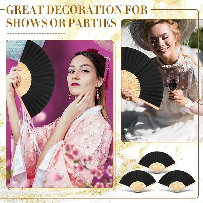 Yinkin 100 Pack Folding Fans Bamboo Handheld Folded Craft Hand Japanese Chinese Fans for Weddings Bridal Dancing Church DIY Decoration Women Kids Gift Party Favors (Black)