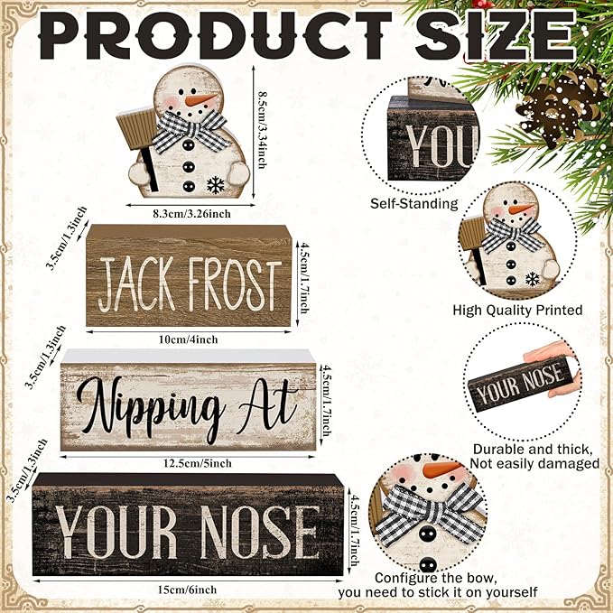 4 Pcs Winter Table Decor Wooden Snowman Black and White Winter Tiered Tray Decor Rustic Decorative Snowman Block Sign Gifts Christmas Centerpiece Rustic Christmas Decorations for Home Kitchen